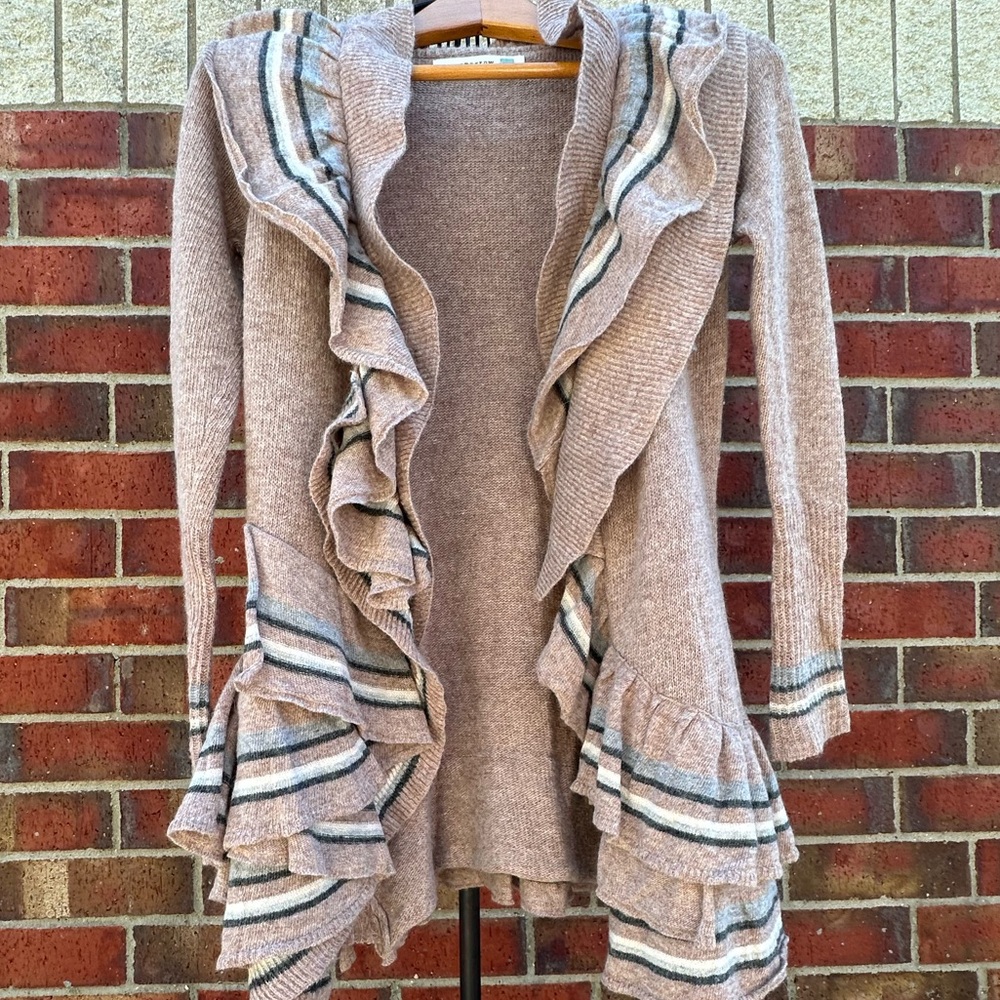 SPARROW Anthropologie Taupe Ruffled Open Front Cardigan Striped Trim Wool Angora